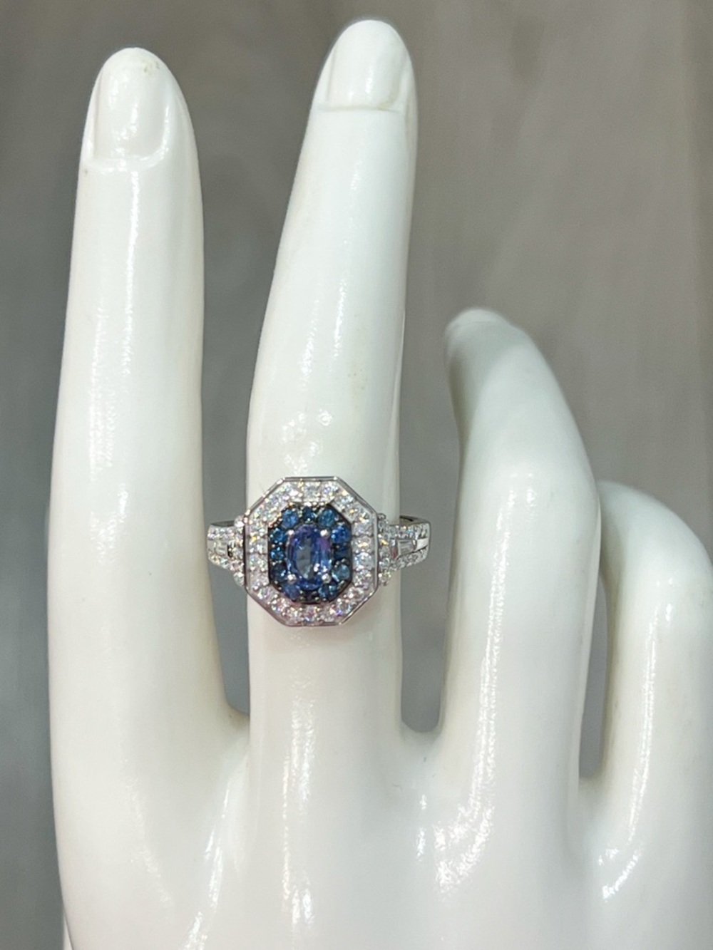 Ceylon Blue Sapphire &Moissanite Sterling Silver Double Halo Ring Sz 8 - Picture 3 of 12
